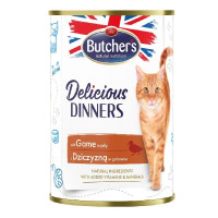 Konservēta barība kaķiem : Butchers CAT Delicious Dinners with game chunks in Jelly 400g