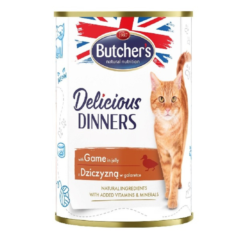 Konservēta barība kaķiem - Butchers CAT Delicious Dinners with game chunks in Jelly 400g