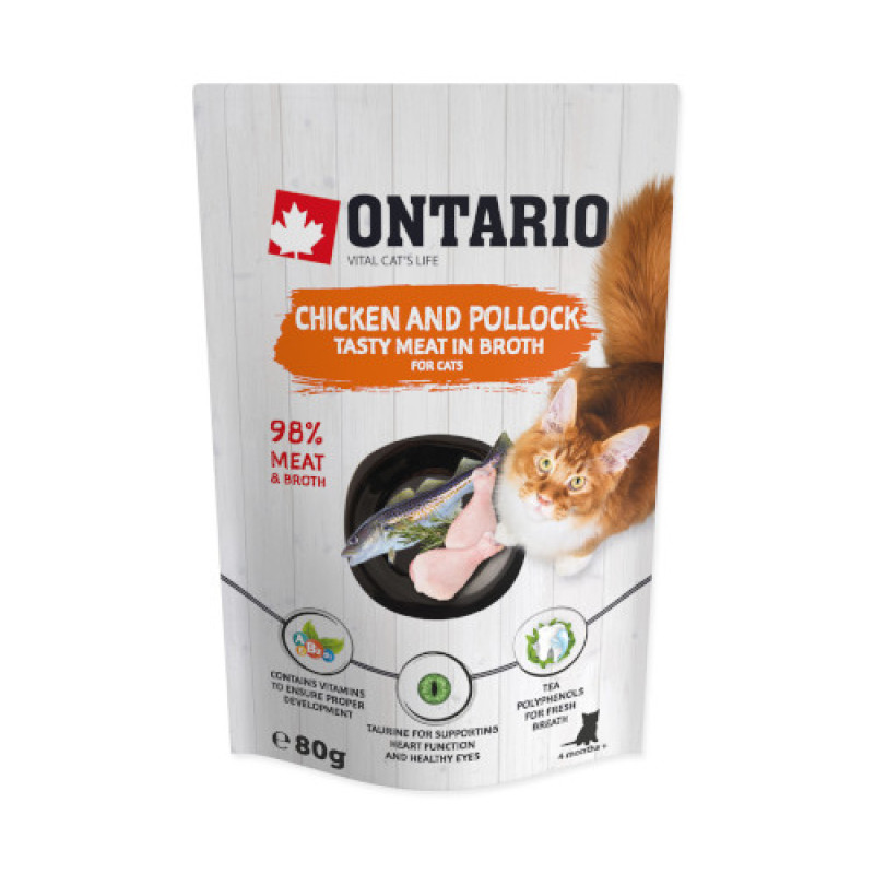 Konservi kaķiem – Ontario Pouch Chicken and Pollock in Broth 80 g