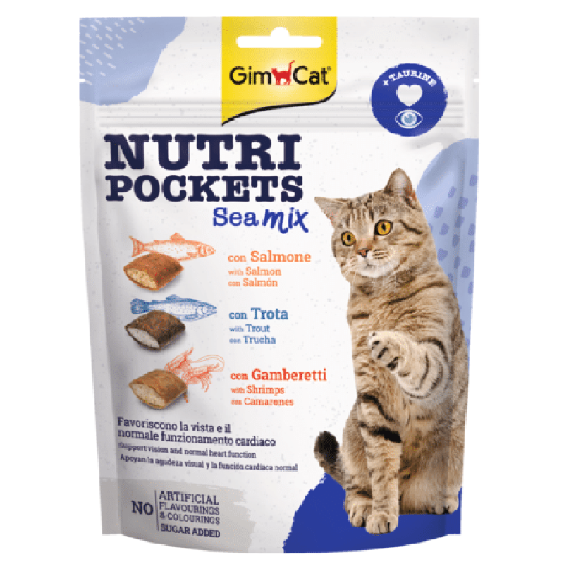 Gardumi kaķiem : GIMBORN Nutri Pockets Sea Mix with Salmon, Trout, Shrimps, 150gr