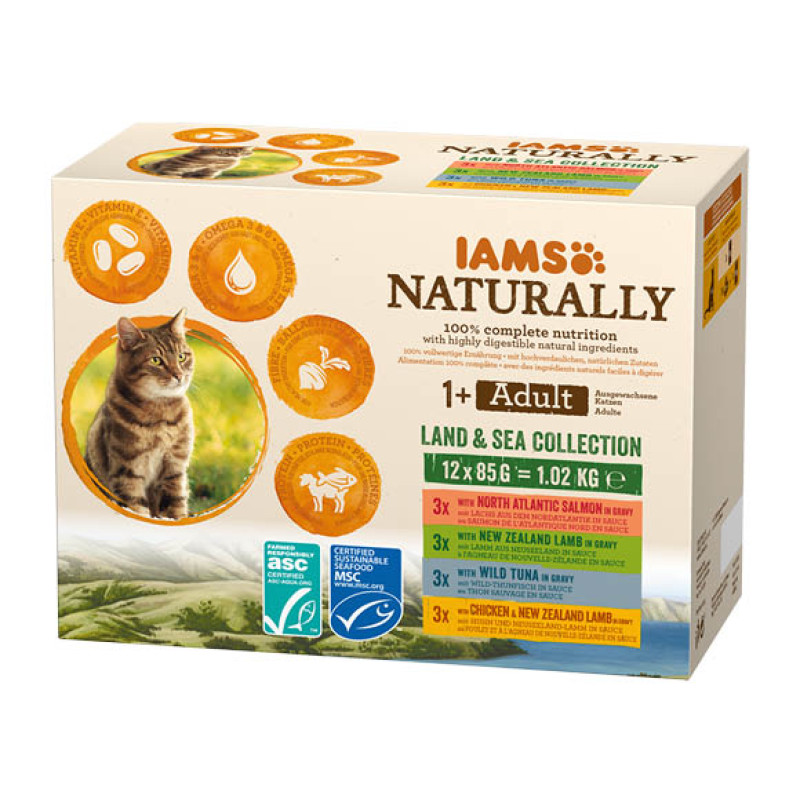 Konservēta barība kaķiem : IAMS CAT Naturally Adult Land & Sea Collection 12*85gr