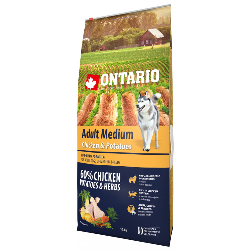 Sausa barība suņiem - Ontario Dog Adult Medium Chicken and Potatoes, 12 kg