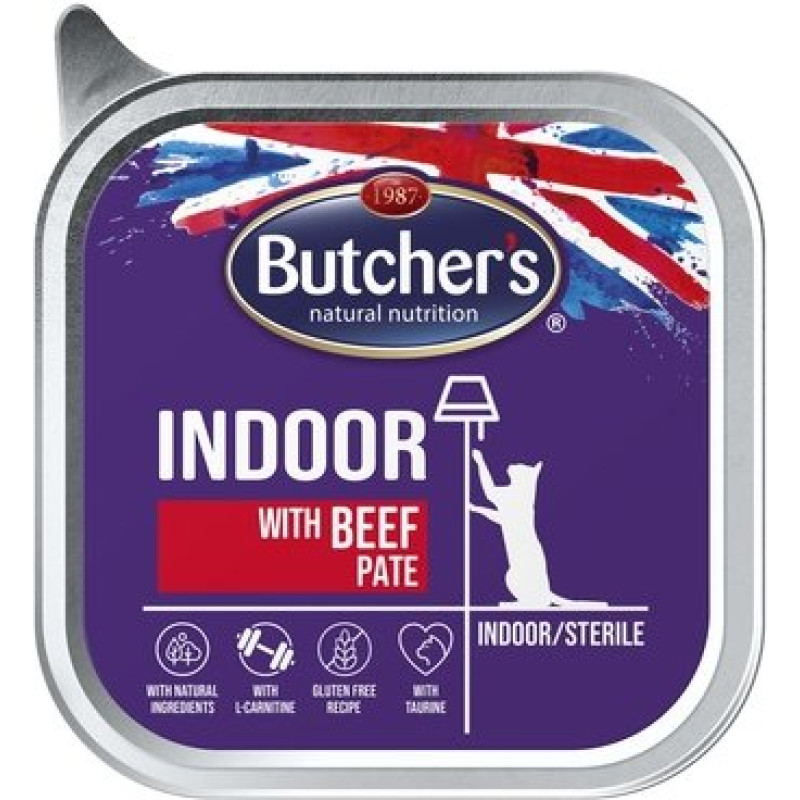 Konservēta barība kaķiem : Butchers CAT Intestinal Indoor beef, 100g